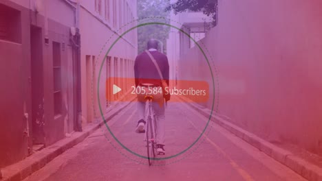Play-icon-with-increasing-subscribers-against-african-american-senior-man-riding-bicycle