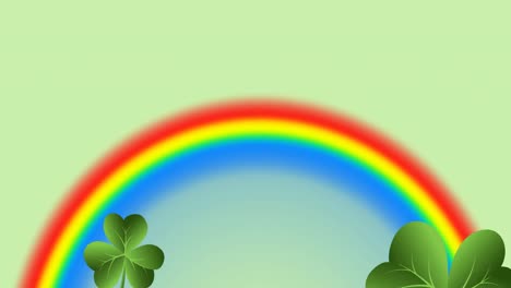Animation-of-multiple-clover-leaves-falling-over-rainbow-on-green-background