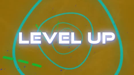 Digital-animation-of-level-up-text-over-glowing-green-tunnel-against-yellow-background