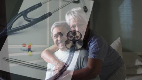 Animation-of-syringe,-stethoscope-and-medication-over-happy-senior-couple-embracing