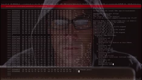 Animation-of-data-processing-on-computer-screen-over-male-hacker-using-computer