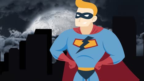 Animation-of-superhero-pulsating-over-moving-cityscape-over-moon-and-clouds