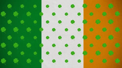 Animación-Digital-De-Múltiples-Hojas-De-Trébol-Moviéndose-Contra-La-Bandera-Irlandesa