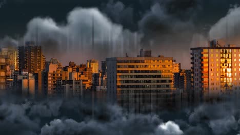 Animation-of-cityscape-and-stormy-clouds-with-grid
