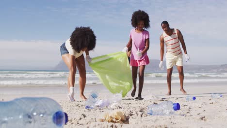 Afroamerikanische-Eltern-Sammeln-Mit-Ihren-Kindern-Müll-Und-Flaschen-Am-Strand