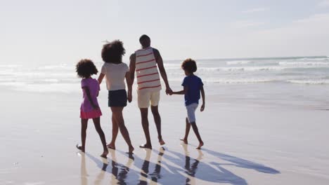 Afroamerikanische-Eltern-Und-Ihre-Kinder-Gehen-Am-Strand-Spazieren-Und-Halten-Sich-An-Den-Händen