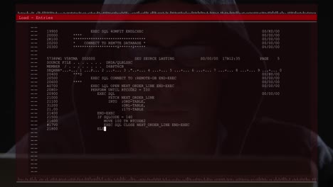 Animation-of-data-processing-on-computer-screen-over-male-hacker-using-computer