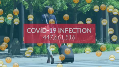 Animation-of-covid-19-infection-numbers-end-emojis-over-woman-with-suitcase-wearing-face-mask