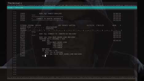 Animation-Der-Datenverarbeitung-Auf-Dem-Computerbildschirm-über-Einem-Männlichen-Hacker,-Der-Einen-Computer-Nutzt