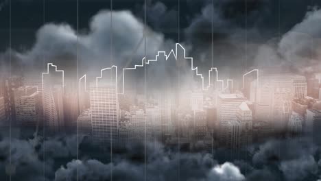 Animation-of-outline-of-cityscape-and-stormy-clouds-with-grid