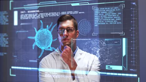 Animation-of-male-scientist-behind-digital-screen-with-covid-19-cell-and-medical-data