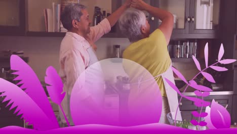 Rosa-Mond--Und-Pflanzensymbole-Gegen-Afroamerikanisches-Seniorenpaar,-Das-Zu-Hause-In-Der-Küche-Tanzt