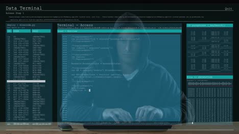 Animation-of-data-processing-on-computer-screens-over-male-hacker-using-computer