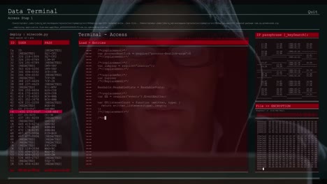 Animation-of-data-processing-on-computer-screens-over-male-hacker-using-computer