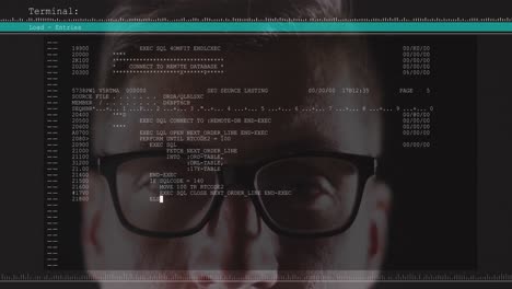 Animation-of-data-processing-on-computer-screen-over-man-wearing-glasses