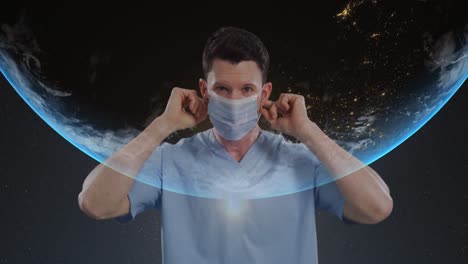 Animation-of-male-doctor-wearing-face-mask-over-globe