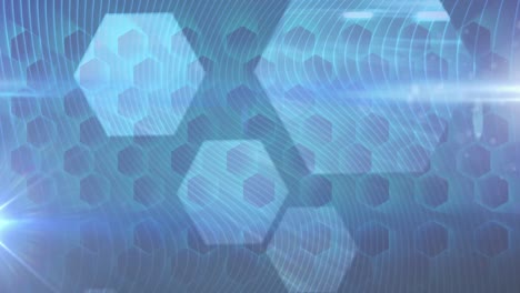 Animation-of-network-of-blue-hexagons-with-glowing-light-on-blue-background
