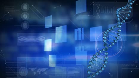 Animation-of-dna-strand-spinning-and-medical-data-processing-on-blue-background