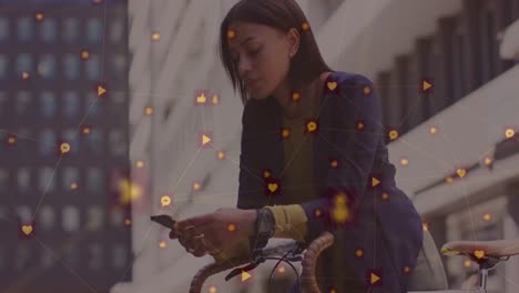 Animation-of-network-of-connections-with-digital-icons-over-woman-using-smartphone