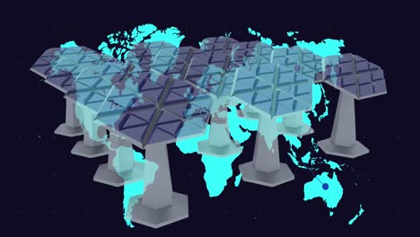 Solar-panels-over-multiple-traffic-cones-against-world-map-on-black-background