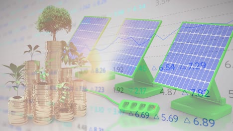 Stock-market-data-processing-over-plants-on-stack-of-gold-coins-against-solar-panels