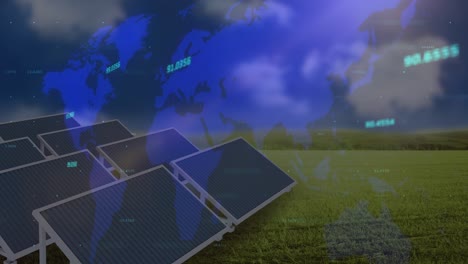 Multiple-changing-numbers-over-world-map-against-solar-panels-on-grass-against-blue-sky