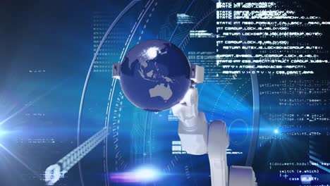 Animation-of-robot's-hand-holding-globe-and-data-processing-on-blue-background