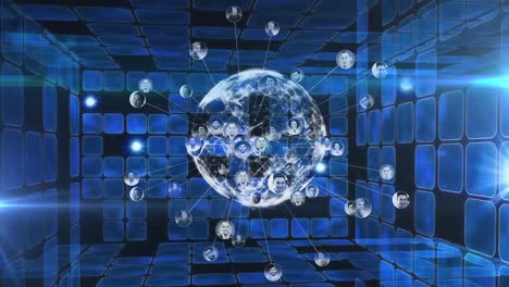 Animation-of-globe-spinning-with-network-of-people-photos-on-blue-background