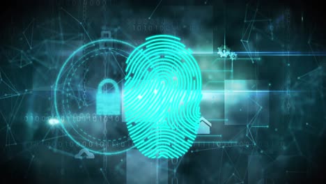 Animation-of-biometric-fingerprint-with-online-security-padlocks-on-glowing-blue-background