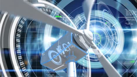 Animation-of-wind-turbine-spinning,-data-processing-and-scope-scanning