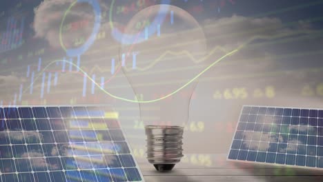 Animation-of-financial-data-processing-over-light-bulb-and-solar-panels