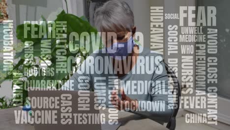 Textos-Conceptuales-De-Coronavirus-Contra-Una-Mujer-Mayor-Que-Usa-Mascarilla-Y-Sostiene-Una-Botella-De-Medicamento-Vacía