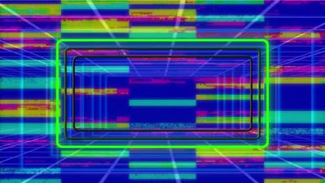 Animation-of-neon-frames-with-flickering-vibrant-rectangles-on-blue-background