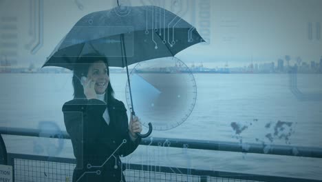 Animation-Der-Datenverarbeitung-über-Einer-Frau-Mit-Smartphone-Und-Regenschirm-Im-Hintergrund