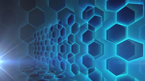 Animation-of-glowing-light-over-network-of-blue-hexagons-in-background