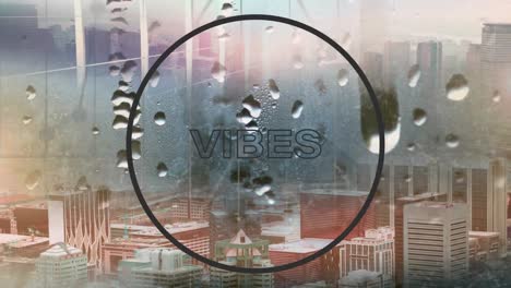 Animation-of-vibes-text-in-black-circle-outline-over-window-with-raindrops-and-cityscape