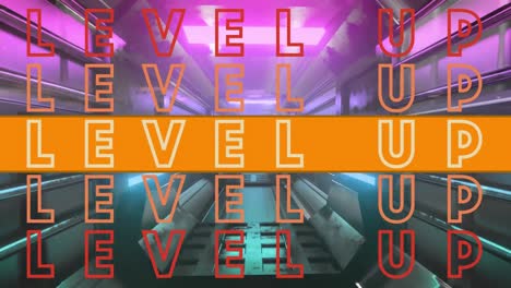 Animation-of-level-up-text-in-repetition-with-orange-stripe-over-neon-tunnel-in-background