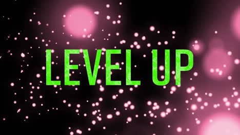 Animation-of-level-up-text-in-green-letters-over-pink-glowing-spots-of-light