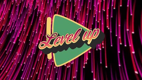 Animation-of-level-up-text-over-green-play-button-on-pink-light-trails-in-background