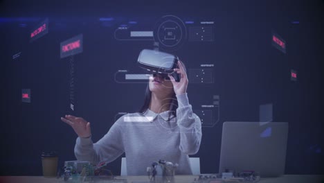 Animation-Einer-Frau-Mit-VR-Headset,-Die-Den-Virtuellen-Bildschirm-Berührt,-Während-Sich-Ein-3D-Modell-Dreht