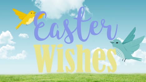 Animation-of-easter-wishes-text-with-two-flying-birds-on-blue-sky
