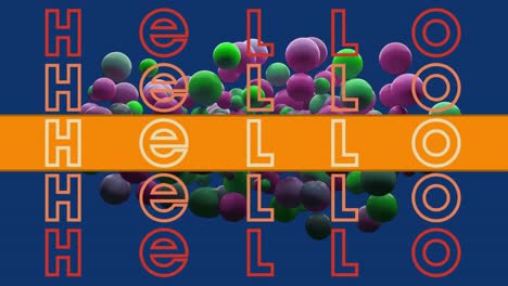 Animation-of-hello-text-in-repetition-with-orange-stripe-over-pink-and-green-balls-on-blue