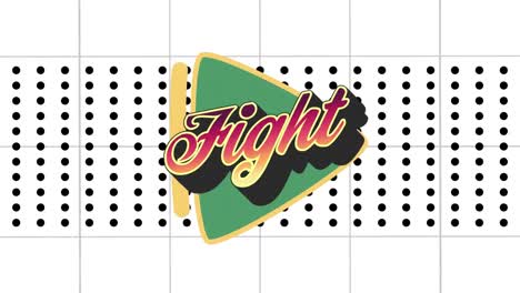 Animation-of-fight-text-over-green-play-button-with-black-grid-on-white-background