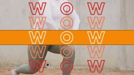Animation-of-wow-text-in-repetition-with-orange-stripe-over-woman-stretching-in-background