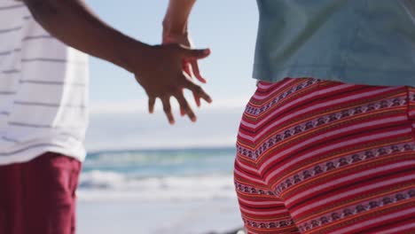 Midsection-of-african-american-couple-holding-hands-on-the-beach