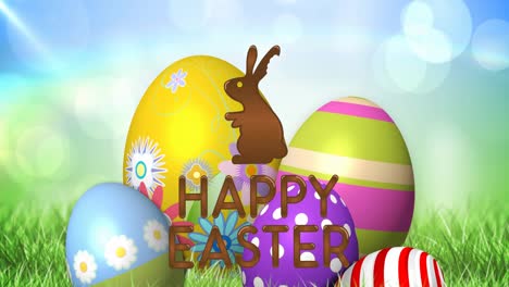Animation-of-happy-easter-text-with-easter-bunny-over-decorated-easter-eggs