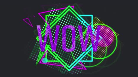 Animation-of-wow-text-in-purple-letters-over-vibrant-geometric-figures