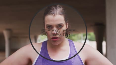 Animation-of-start-text-in-black-circle-outline-over-woman-taking-break-in-exercising-in-background