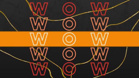 Animation-of-wow-text-in-repetition-with-orange-stripe-over-gold-lines-on-grey-background