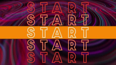 Animation-of-start-text-in-repetition-with-orange-stripe-over-vibrant-light-trails-in-background